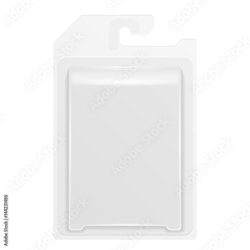 White Product Package Box Blister With Hang Slot. Illustration Isolated On White Background. Mock Up Template Ready For Your Design. Product Packing Vector EPS10
