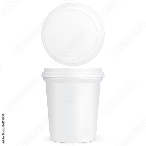 White Food Plastic Tub Bucket Container For Dessert, Yogurt, Ice Cream, Sour Cream Or Snack. Illustration Isolated On White Background. Mock Up Template Ready For Your Design. Product Packing 