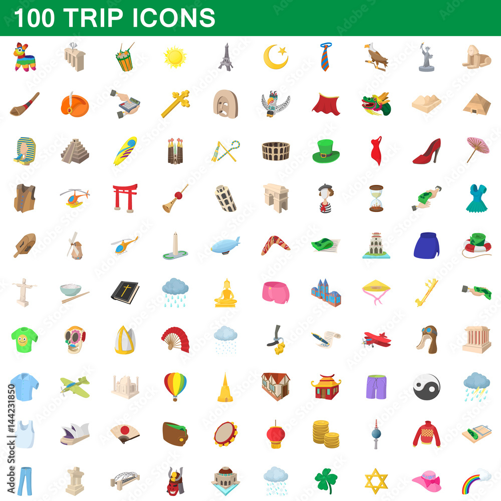 100 trip icons set, cartoon style 100 trip icons set, cartoon style