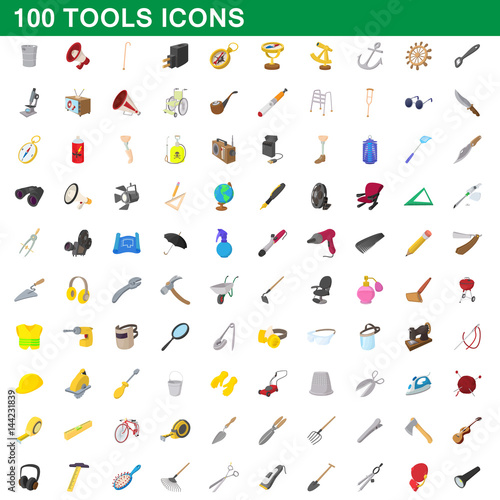 100 tools icons set, cartoon style