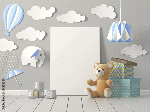 Mock up blank poster on wall of nursery room, Childhood, 3D rendering.