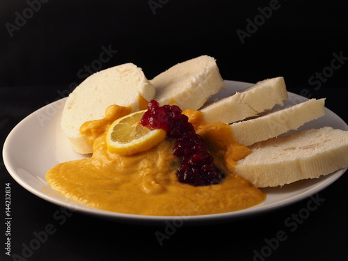 Roast sirloin in sour cream sauce with dumplings, traditional czech food. photo