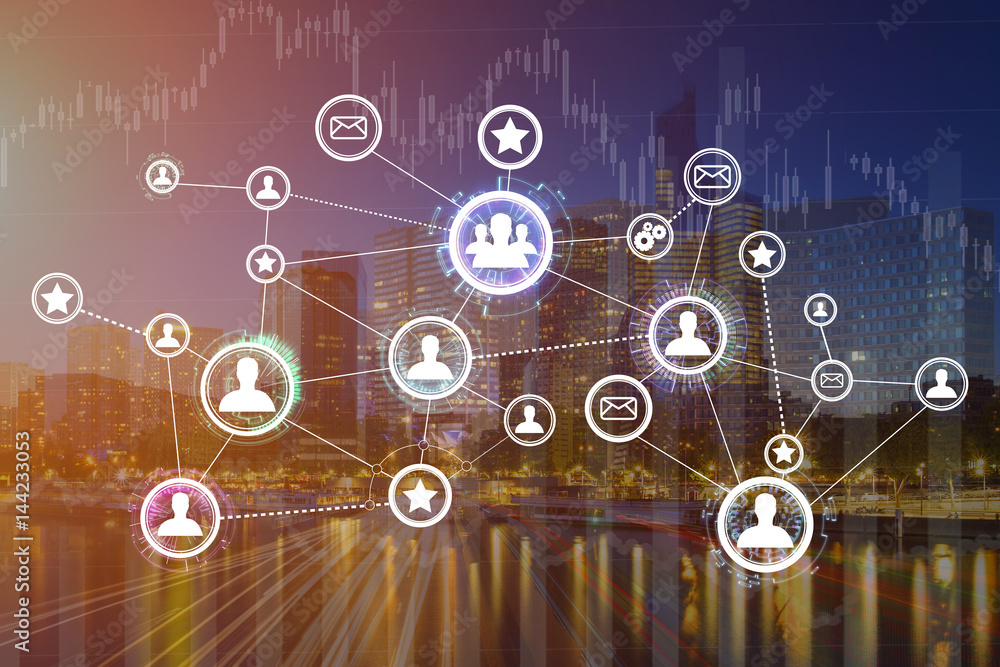 Concept of business international network interface with finance and city background - Technology concept Concept of business international network interface with finance and city background - Technology concept