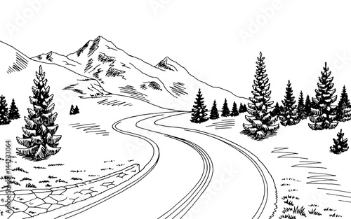 Mountain road graphic black white landscape sketch illustration vector