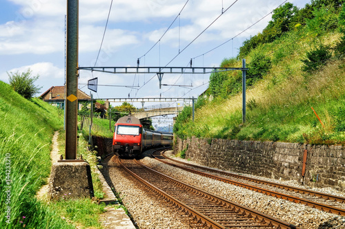 Train at railroad Lavaux Vineyard Terraces