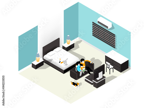 Isometric illustration vector of family watching TV in bedroom together. isometric interior bedroom design concept
