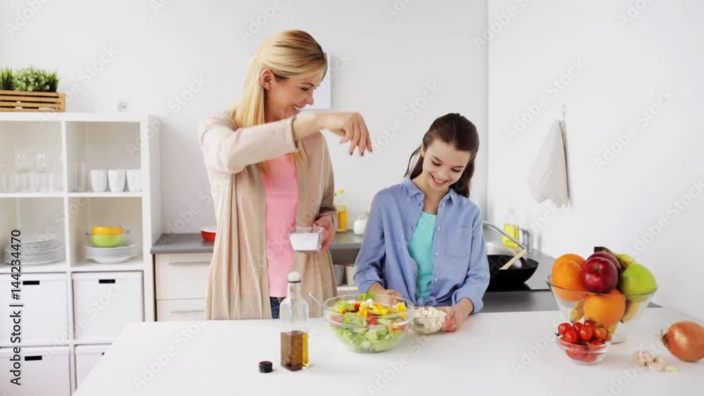 happy family cooking salad at home kitchen happy family cooking salad at home kitchen