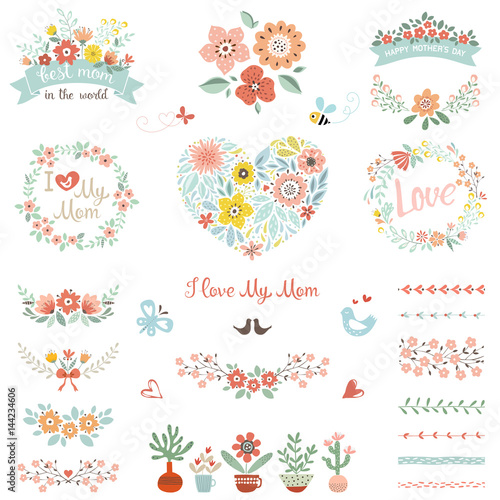 Mother's Day set with typographic design elements. Flowers, branches, wreaths, floral heart, butterflies, bee, bird, brushes, cactuses, plant pots and vases. Vector illustration.