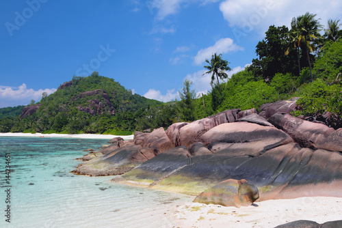 Coast of island in tropics. Baie Lazare, Mahe, Seychelles