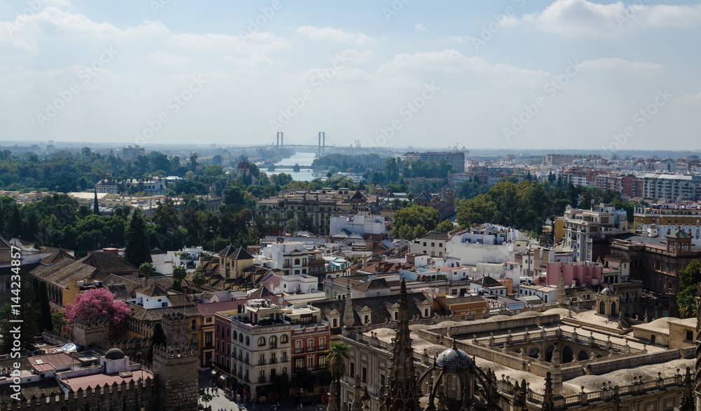View from Harilda at the Seville Cathedral, modern buildings and bridges over the river, Andalusia, Spain