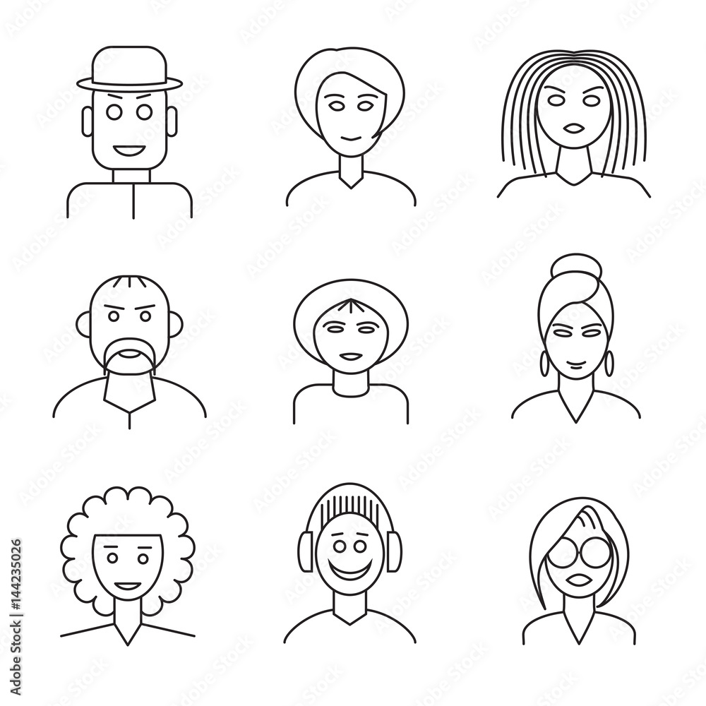 Set of linear people face icons. Isolated on white background Set of linear people face icons. Isolated on white background
