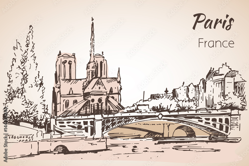 Paris cityspace. Cathedral Notre Dame de Paris. Sketch. Paris cityspace. Cathedral Notre Dame de Paris. Sketch.