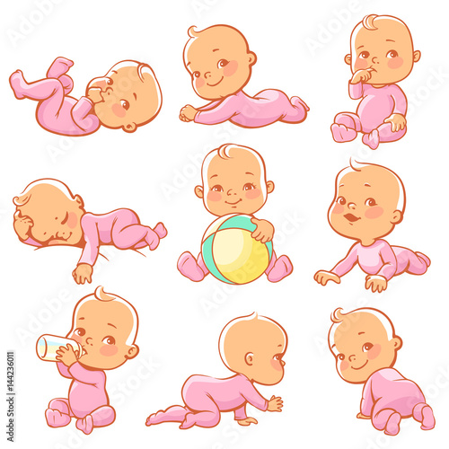 Cute little baby girl in  pink papamas. Child wearing pink overalls sleeping, sitting, crawling, eating, playing with ball. Happy newborn. Toddler with bottle of milk. Vector illustration.