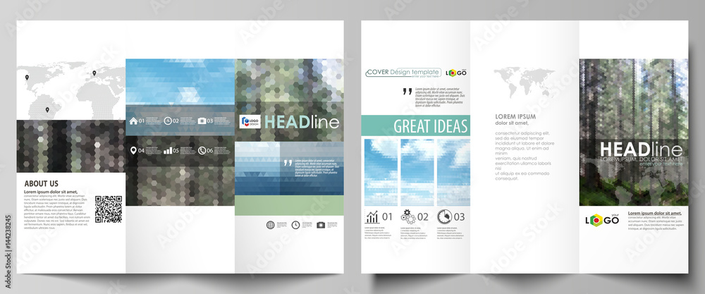 Tri-fold brochure templates on both sides. Abstract vector layout in flat design. Colorful background made of triangular or hexagonal texture for travel business, natural landscape in polygonal style. Tri-fold brochure templates on both sides. Abstract vector layout in flat design. Colorful background made of triangular or hexagonal texture for travel business, natural landscape in polygonal style.