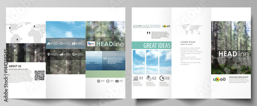 Tri-fold brochure templates on both sides. Abstract vector layout in flat design. Colorful background made of triangular or hexagonal texture for travel business, natural landscape in polygonal style.