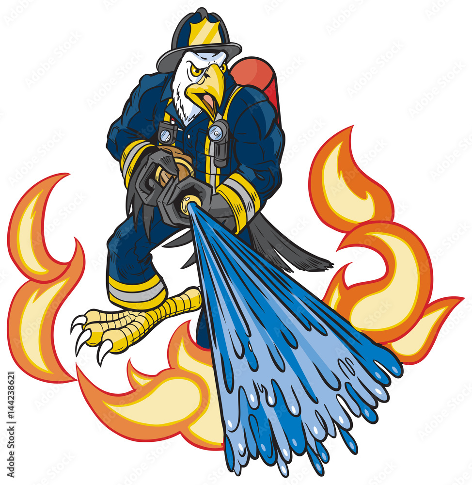 Obraz premium Bald Eagle Firefighter Mascot Spays Water on Fire