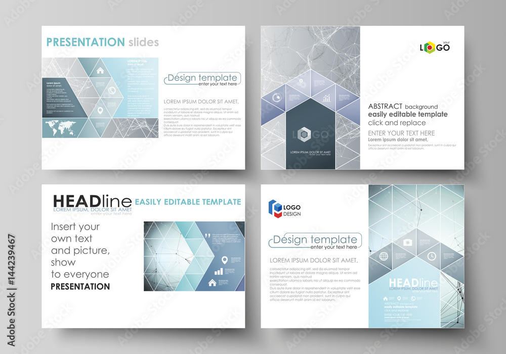 Set of business templates for presentation slides. Abstract vector layouts in flat design. Chemistry pattern, connecting lines and dots, molecule structure, scientific medical DNA research.