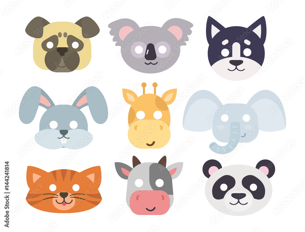 Animals carnival mask vector set festival decoration masquerade and party costume cute cartoon head decor isolated celebration vector illustration. Animals carnival mask vector set festival decoration masquerade and party costume cute cartoon head decor isolated celebration vector illustration.