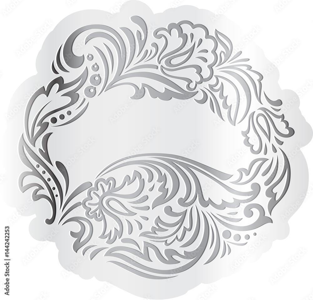 Calligraphic silver floral ornate decorative element frame border in Russian hohloma style.