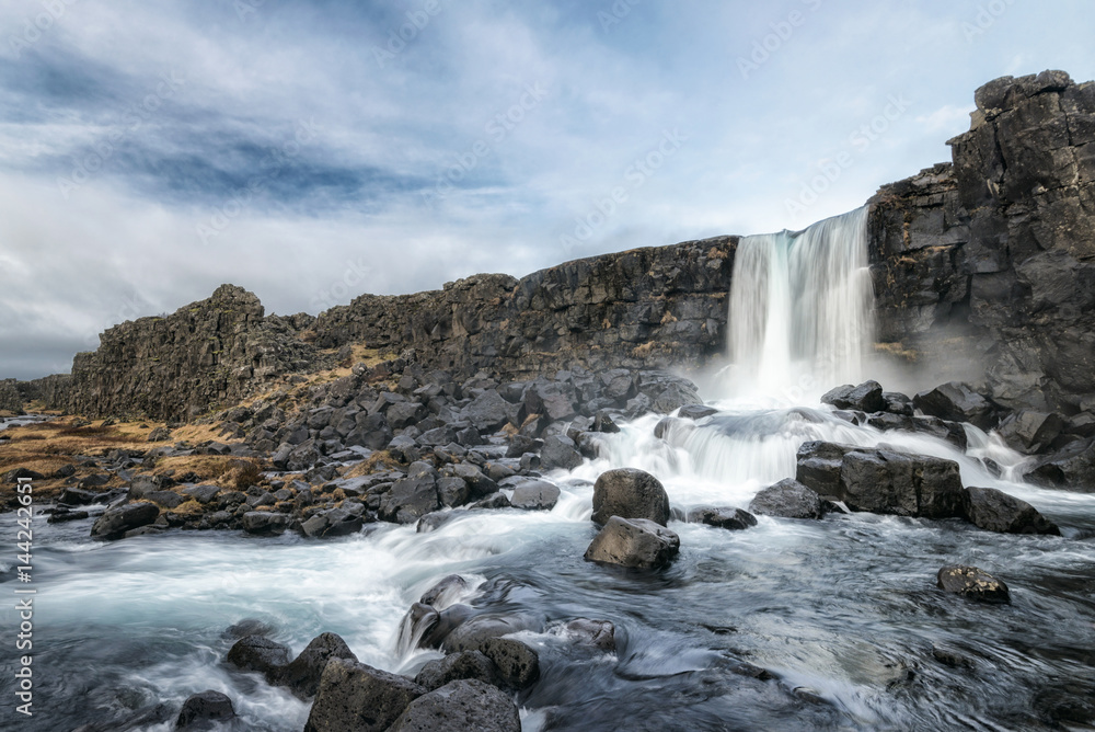 Scenic view of waterfall through rocky cliff against cloudy sky Scenic view of waterfall through rocky cliff against cloudy sky