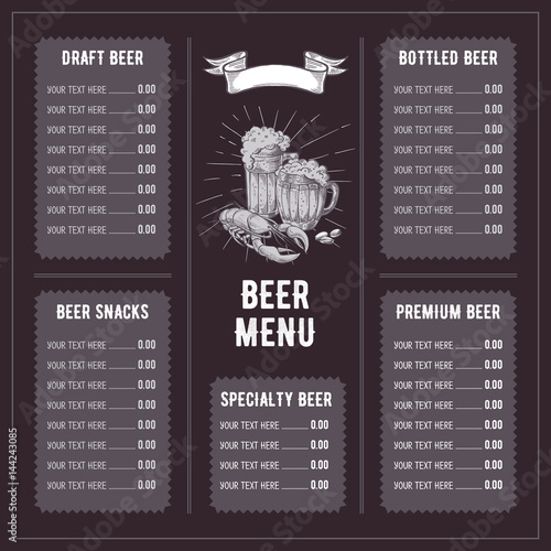 Beer restaurant brochure vector, alcohol menu design. Vector bar template with hand-drawn graphic. Beer flyer.