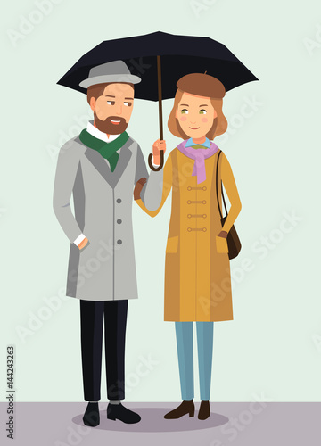 Vector flat illustration of elderly couple. People in love under an umbrella.