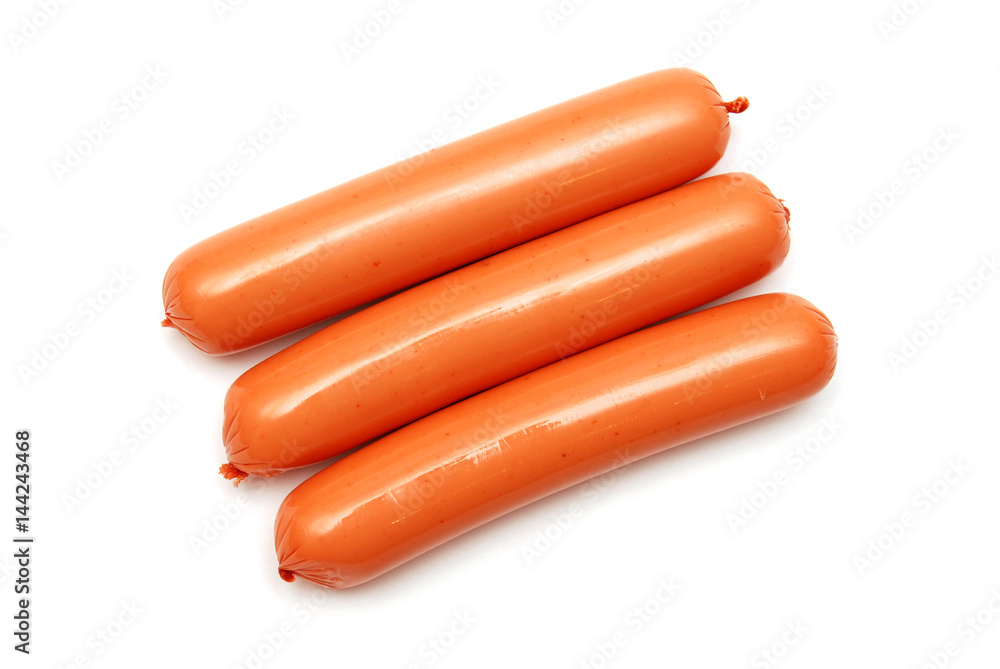 Sausages isolated on white background. Flat lay, top view Sausages isolated on white background. Flat lay, top view