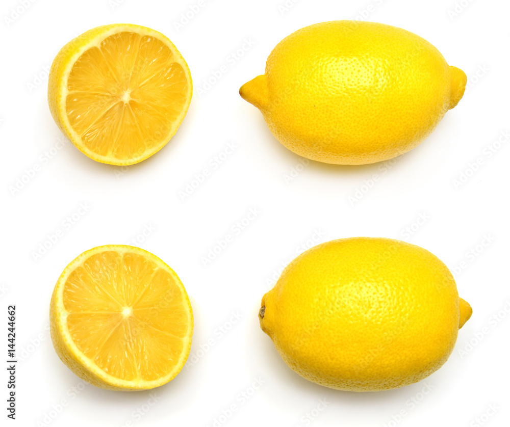 Collection lemons isolated on white background. Tropical fruit. Flat lay, top view