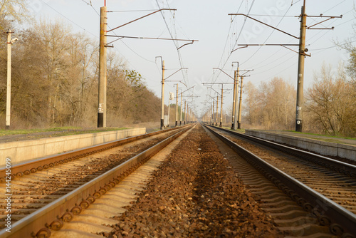 Two railway tracks with platforms for landing passengers, on the sides are visible pillars-supports for electric wires