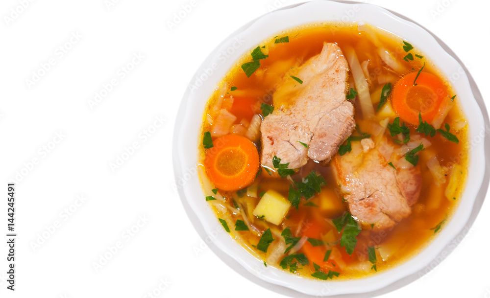 Cabbage soup with meat. top view. isolated on white Cabbage soup with meat. top view. isolated on white