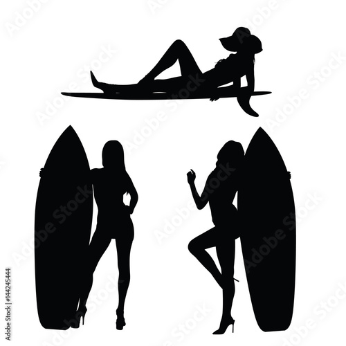 girl elegance silhouette with surfboard in black color illustration