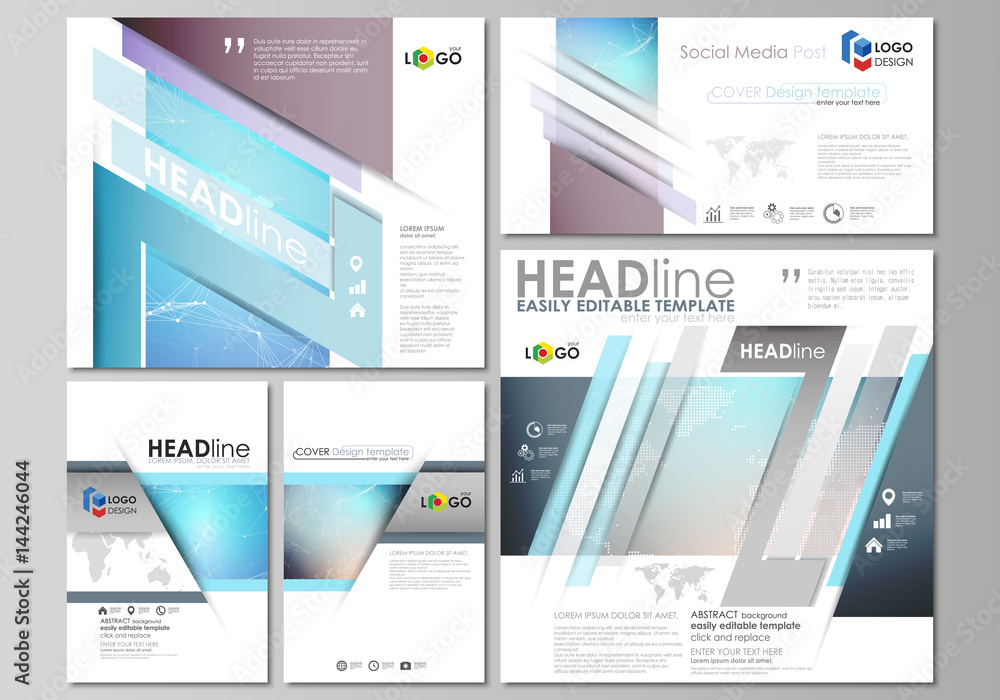 The minimalistic abstract vector illustration of the editable layout of modern social media post design templates in popular formats. Molecule structure. Science, technology concept. Polygonal design.