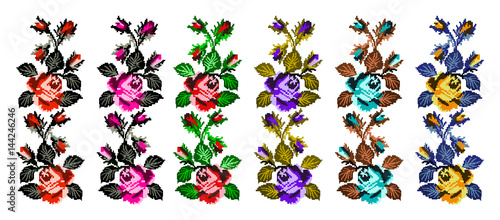 Set. Color image of flowers (roses) using traditional Ukrainian embroidery elements. Can be used as pixel art.