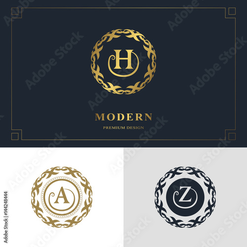 Monogram design elements, graceful template. Calligraphic elegant line art logo design. Letter emblem sign H, A, Z for Royalty, business card, Boutique, Hotel, Heraldic, Jewelry. Vector illustration