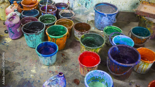 Workshop - a lot of buckets with multi-colored paint. Multi-colors Paint for textile dyeing © kalcutta