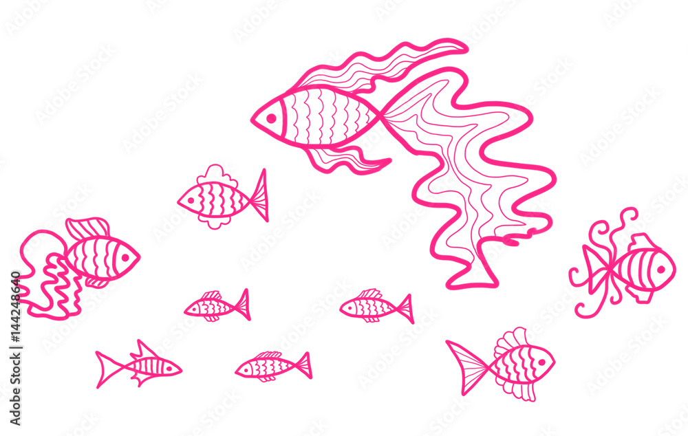 Colorful hand drawn set of fishes on the blue background, isolated illustration painted by acrylic paint, high quality
