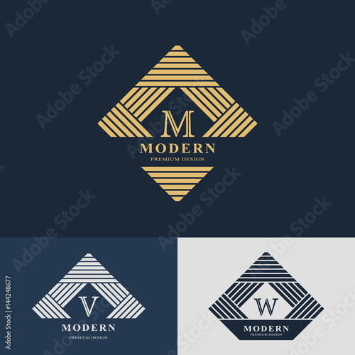 Modern logo design. Geometric linear monogram template. Letter emblem M, V, W. Mark of distinction. Universal business sign for brand name, company, business card, badge. Vector illustration