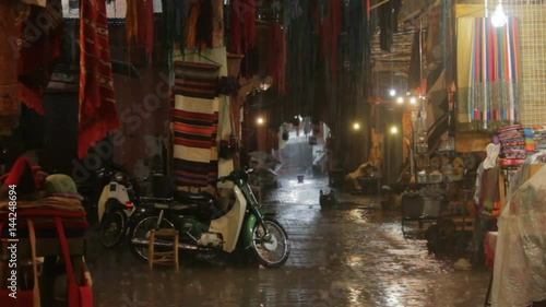 Heavy rain in the market in Morocco, a heavy downpour forced sellers to take the goods off the market in Marrakech