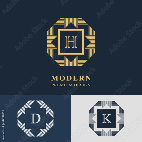 Modern logo design. Geometric linear monogram template. Letter emblem H, D, K. Mark of distinction. Universal business sign for brand name, company, business card, badge. Vector illustration