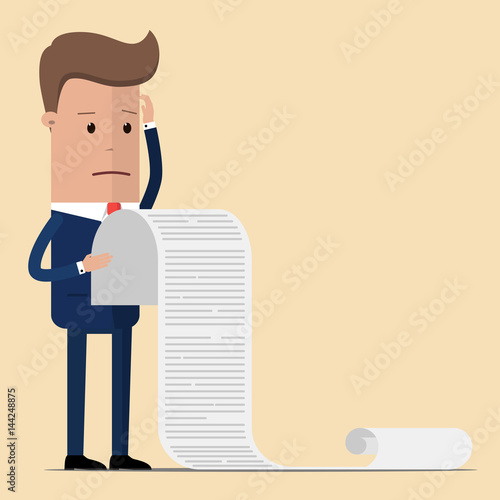 businessman or manager, hold a long list or scroll of tasks. or questionnaire. Illustration, vector