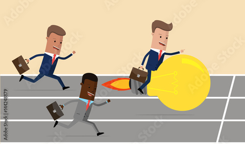 Businessman riding a lightbulb ahead of competitors. Vector illustration