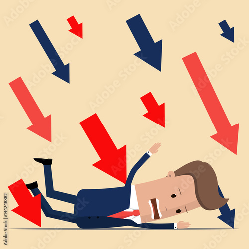 Arrows fall down on a lying businessman. Crisis concept . vector illustration