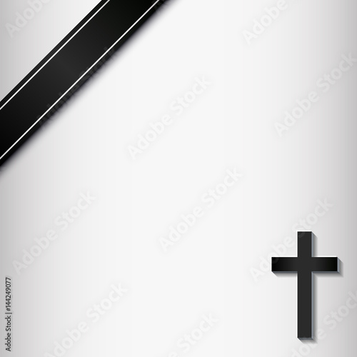Mourning card with black ribbon and cross in 3d, vektor vorlage