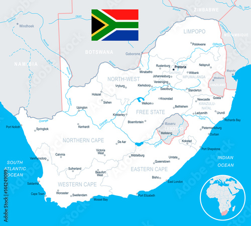 South Africa - map and flag - illustration