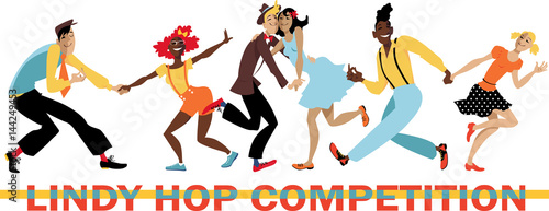 Three vintage dressed couple dancing on a banner "Lindy Hop Competition", EPS 8 vector illustration