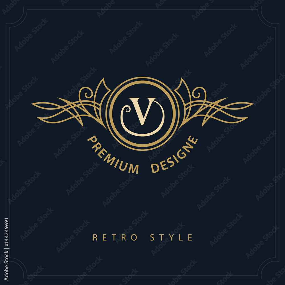 Fototapeta premium Line art Monogram luxury design, graceful template. Calligraphic elegant beautiful logo. Letter emblem sign V for Royalty, Restaurant, Boutique, Hotel, Heraldic, Jewelry. Vector illustration