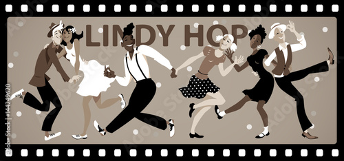Tableau sur toile People dressed in vintage fashion dancing in an old black and white movie film f
