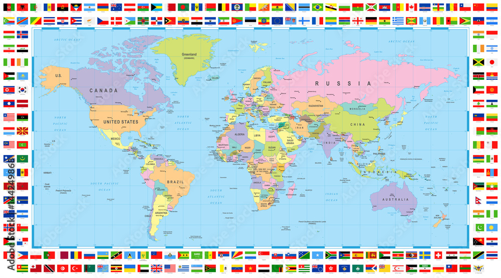 Naklejka Kolorowe mapa świata i flagi