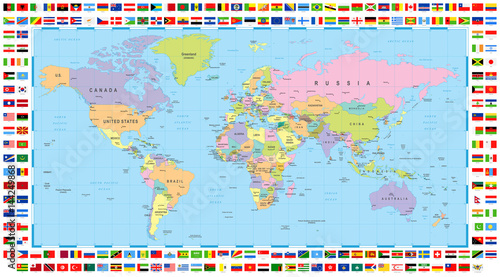 Colored World Map and Flags