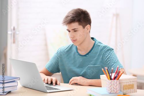 Teenager using laptop at home